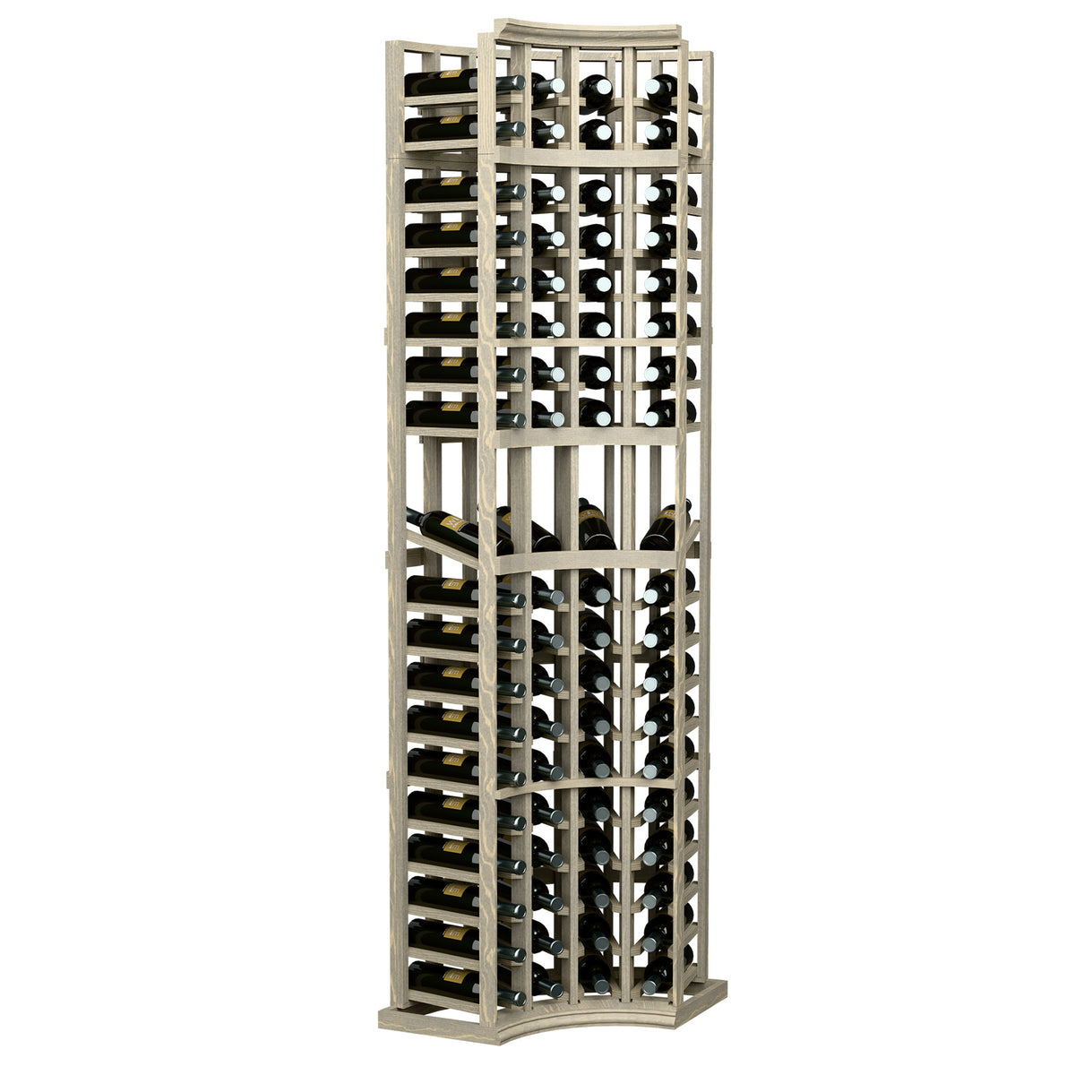 4-column curved corner display rack, whitewashed wood with bottle slots and holders
