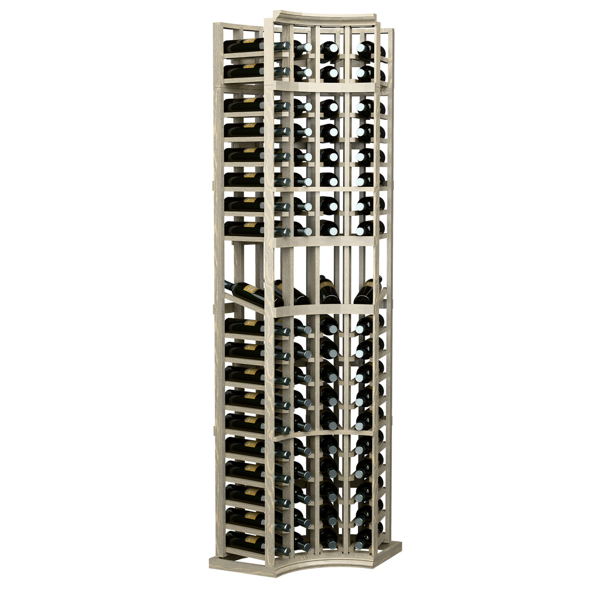 Whitewashed wooden wine bottle display rack with 4 curved corner columns and bottle openings