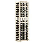 4-column curved corner display rack, natural wood finish with bottle slots and holders