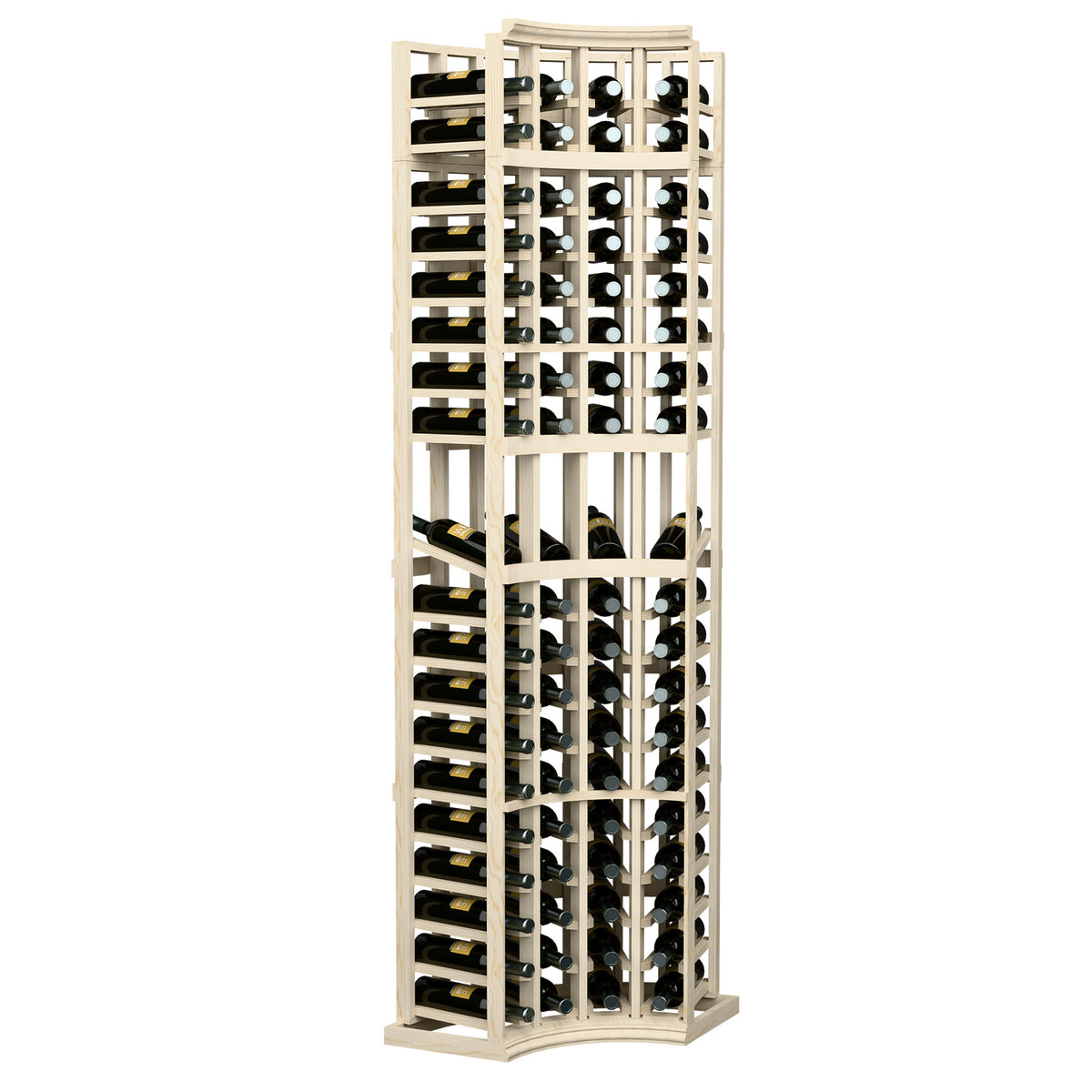 4-column curved corner display rack, natural wood finish with bottle slots and holders