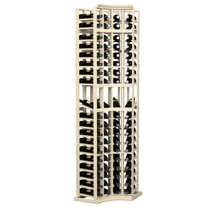 4-column curved corner display rack, natural wood finish with bottle slots and holders