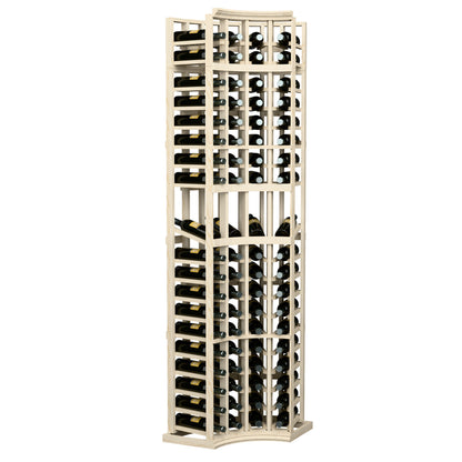 4-column curved corner display rack, natural wood finish with bottle slots and holders