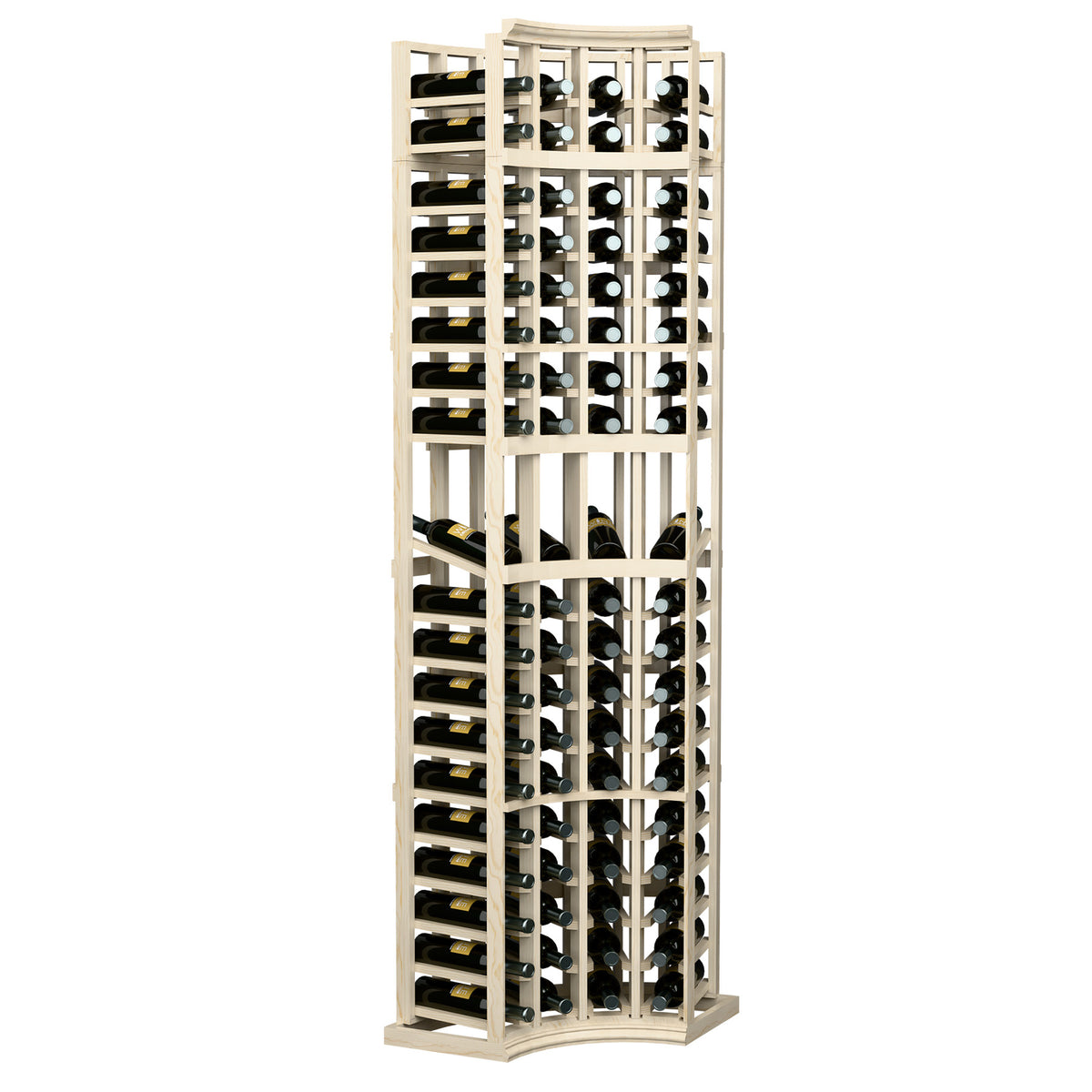 Natural wood wine bottle display rack with 4 curved corner columns and bottle openings