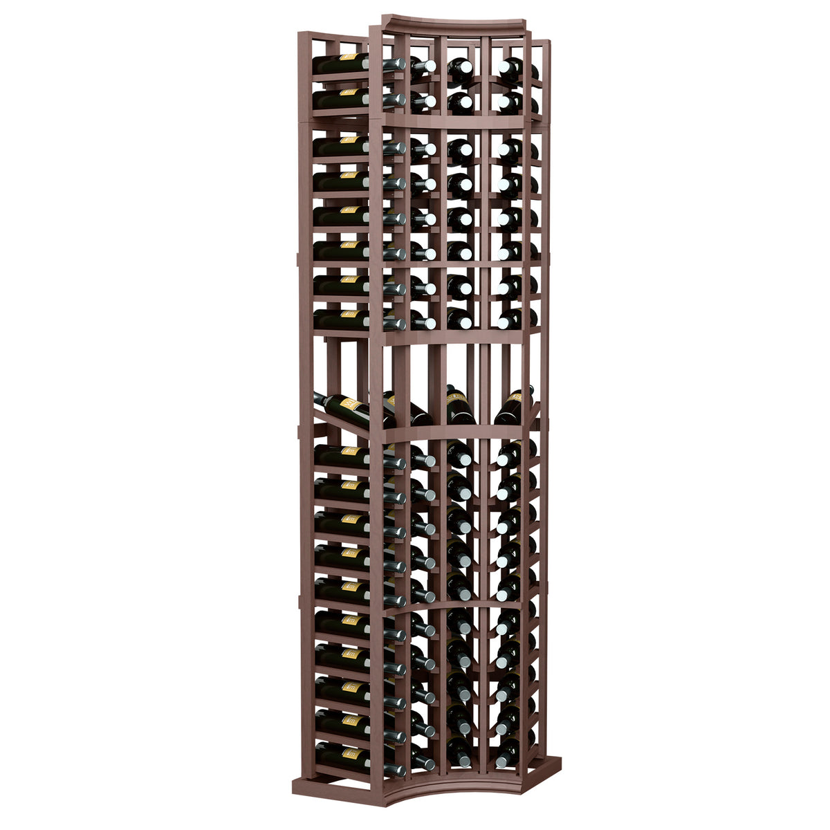 4-column curved corner display rack, dark wood finish with bottle slots and holders