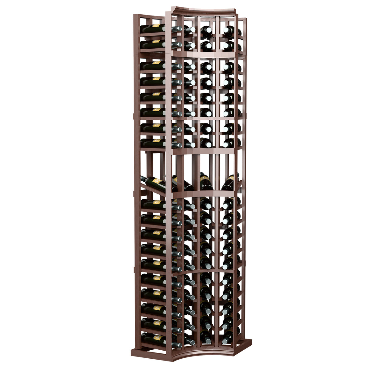 Dark wood wine bottle display rack with 4 curved corner columns and bottle openings