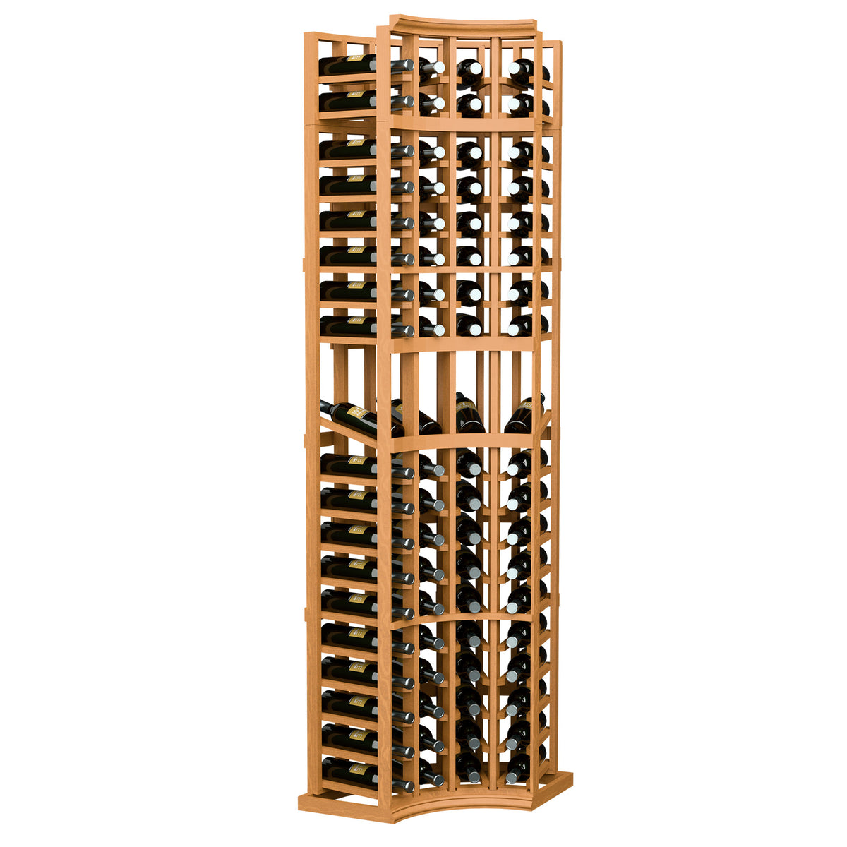 4-column curved corner display rack, light wood finish with bottle slots and holders