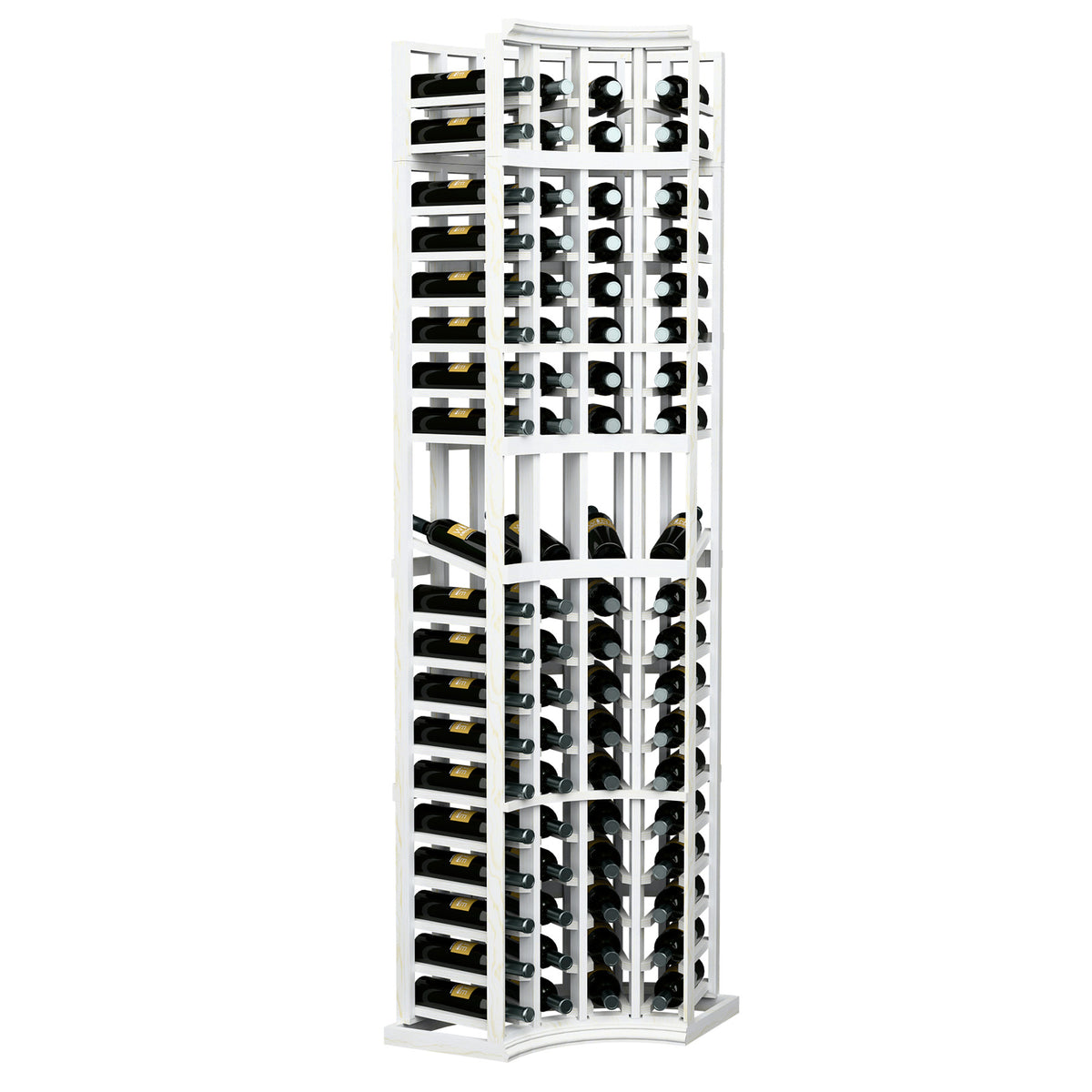 4-column curved corner display rack, white finish with bottle slots and holders