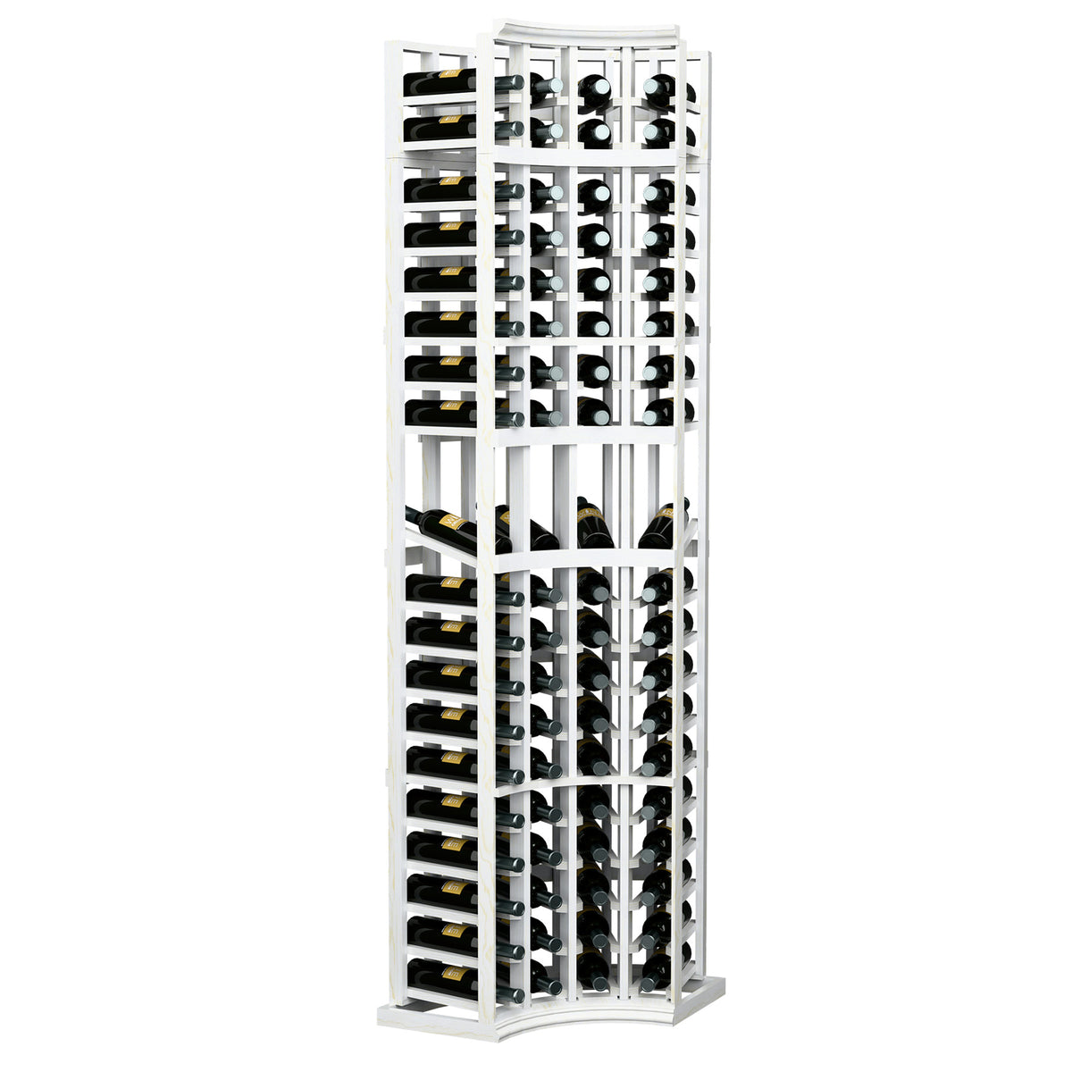 White wood wine bottle display rack with 4 curved corner columns and bottle openings