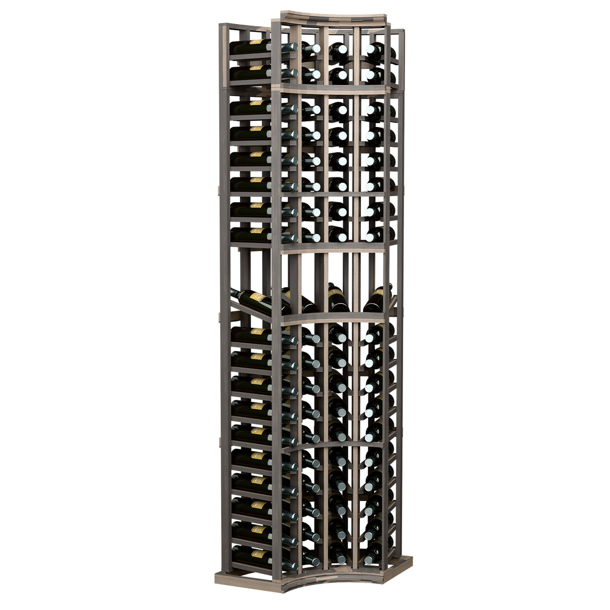 4-column curved corner wine display rack with dark wood frame and bottle holders