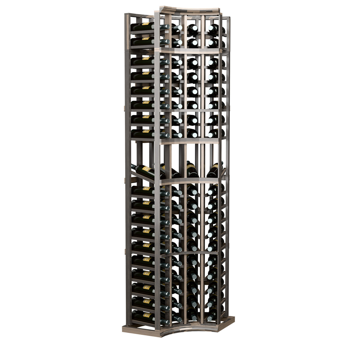 4-column curved corner wine display rack, dark frame with curved base and bottle cubbies