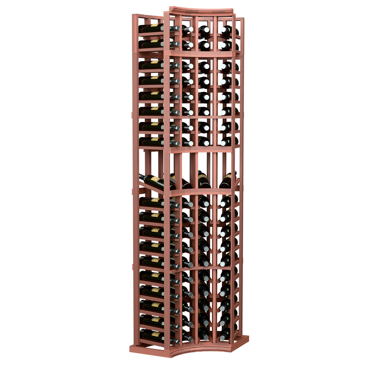 4-column curved corner wine display rack with red-brown wood frame and bottle holders