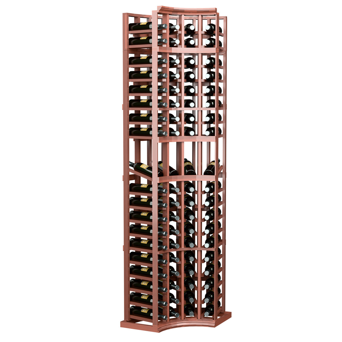 4-column curved corner wine display rack, red-brown frame with curved base and wine slots