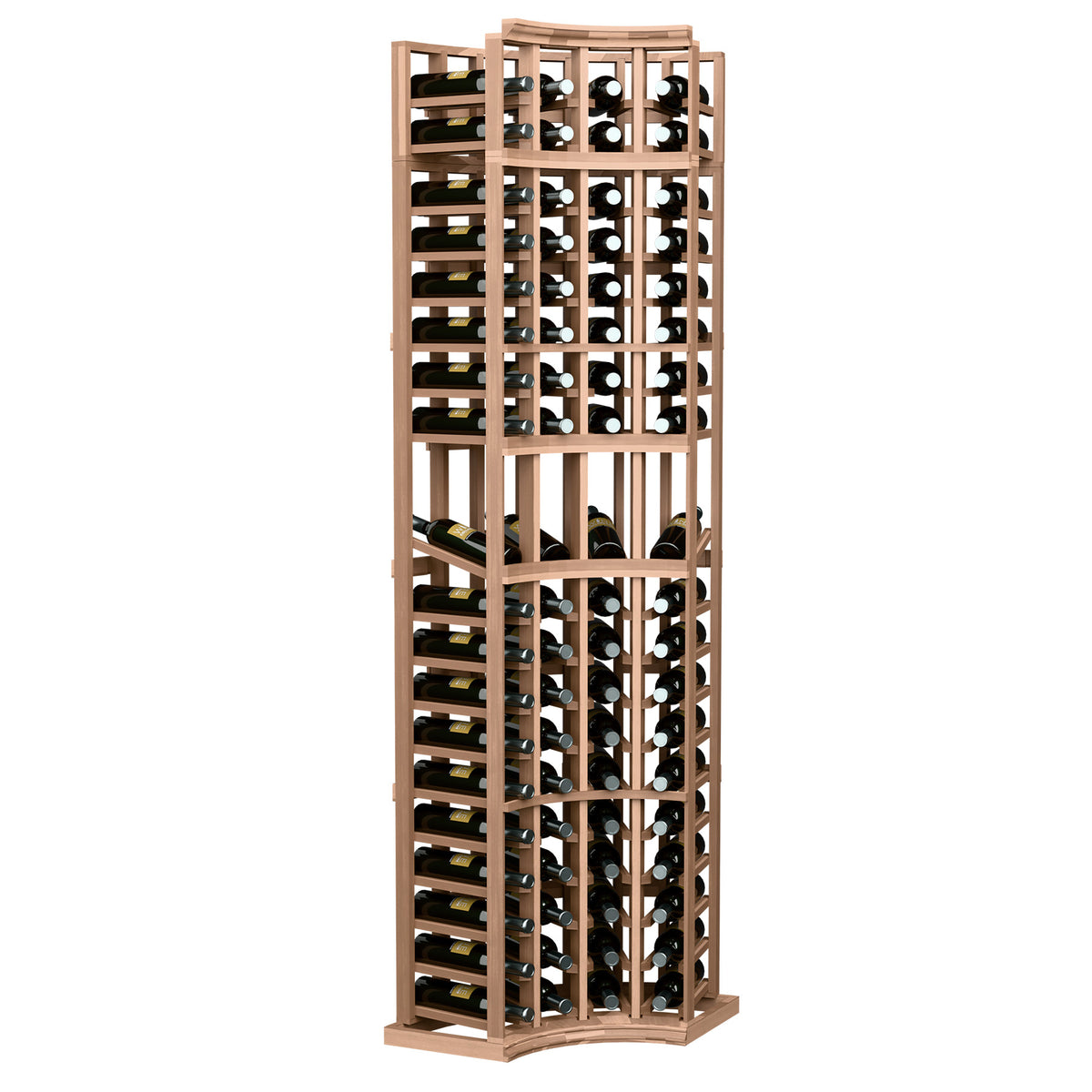 4-column curved corner wine display rack with light wood frame and bottle holders