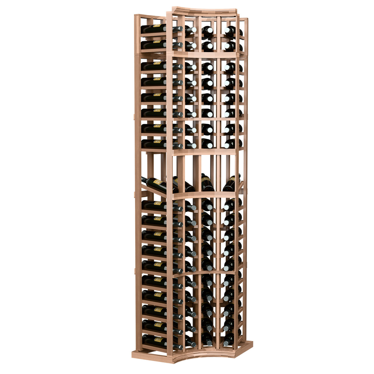4-column curved corner wine display rack with natural wood frame and bottle cubbies