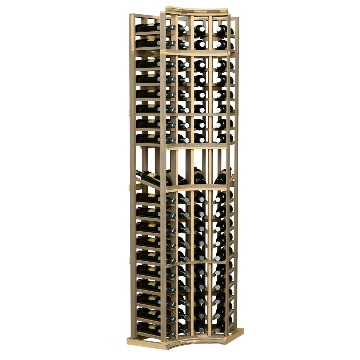 4-column curved corner wine display rack, light wood frame with curved base and bottle slots