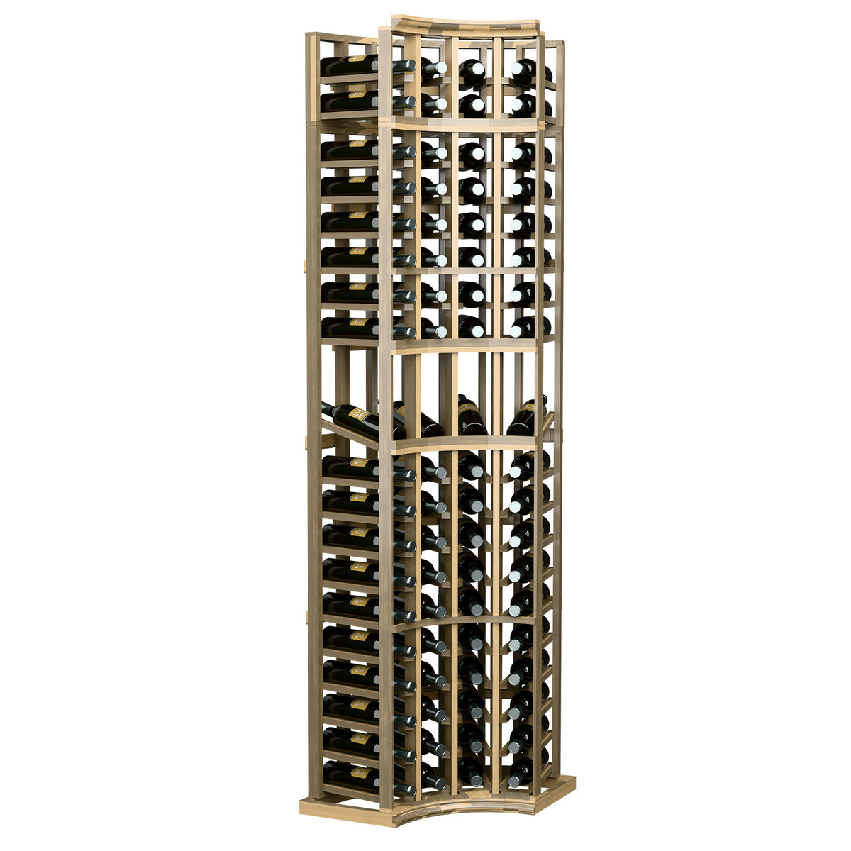 4-column curved corner wine display rack with pale wood frame and bottle holders