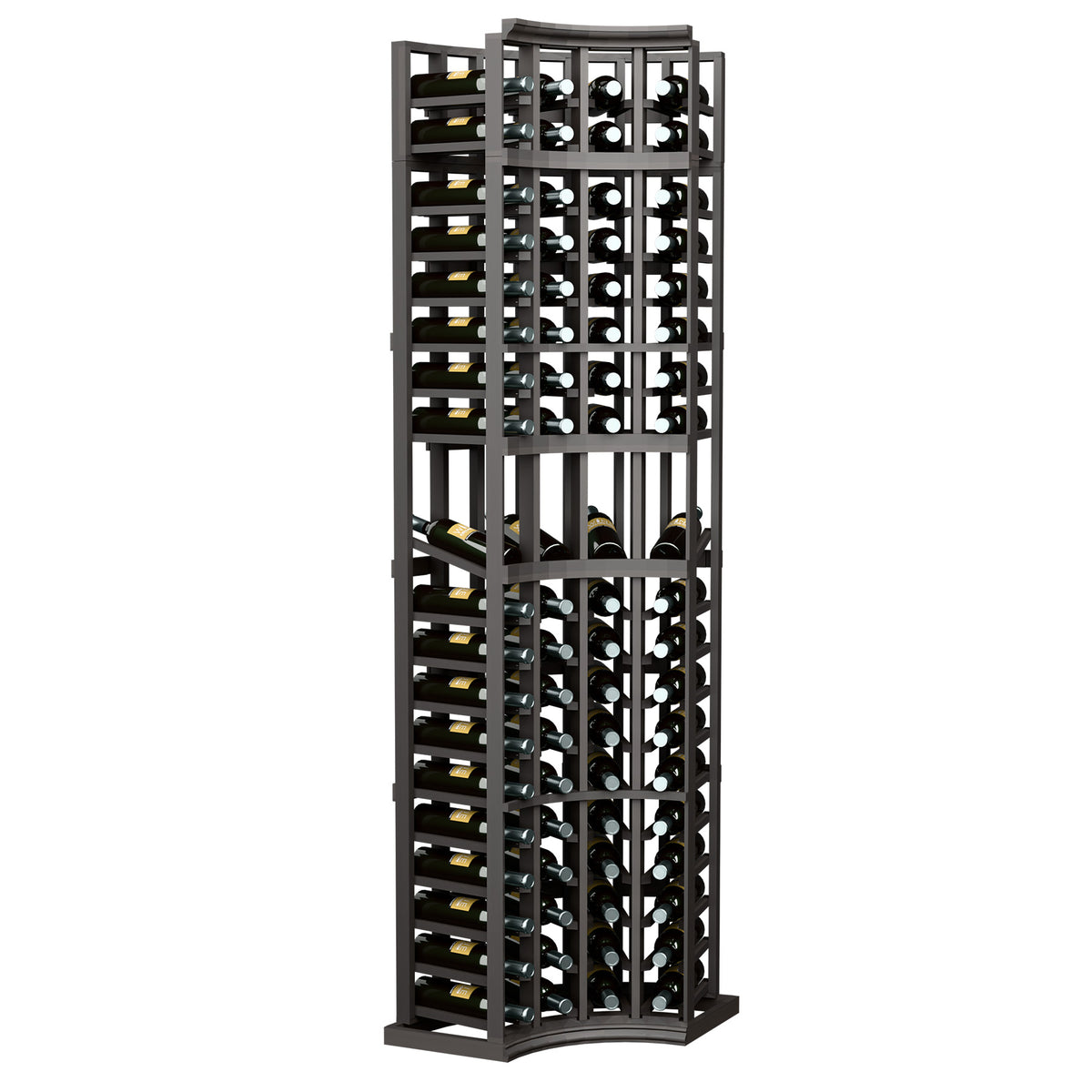 4-column curved corner wine display rack with dark wood frame and glass-ready bottle holders
