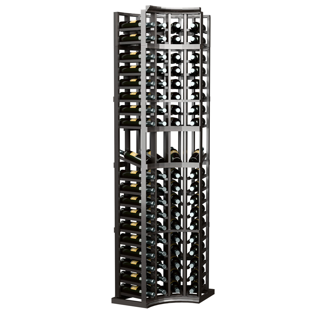 4-column curved corner wine display rack with dark frame, curved base, and bottle cubbies