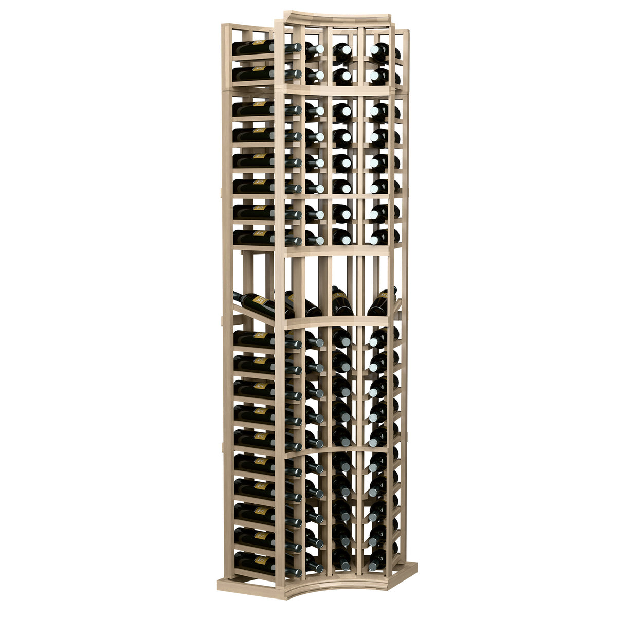 Light wood curved-corner wine display rack, front view with 4 bottle storage columns