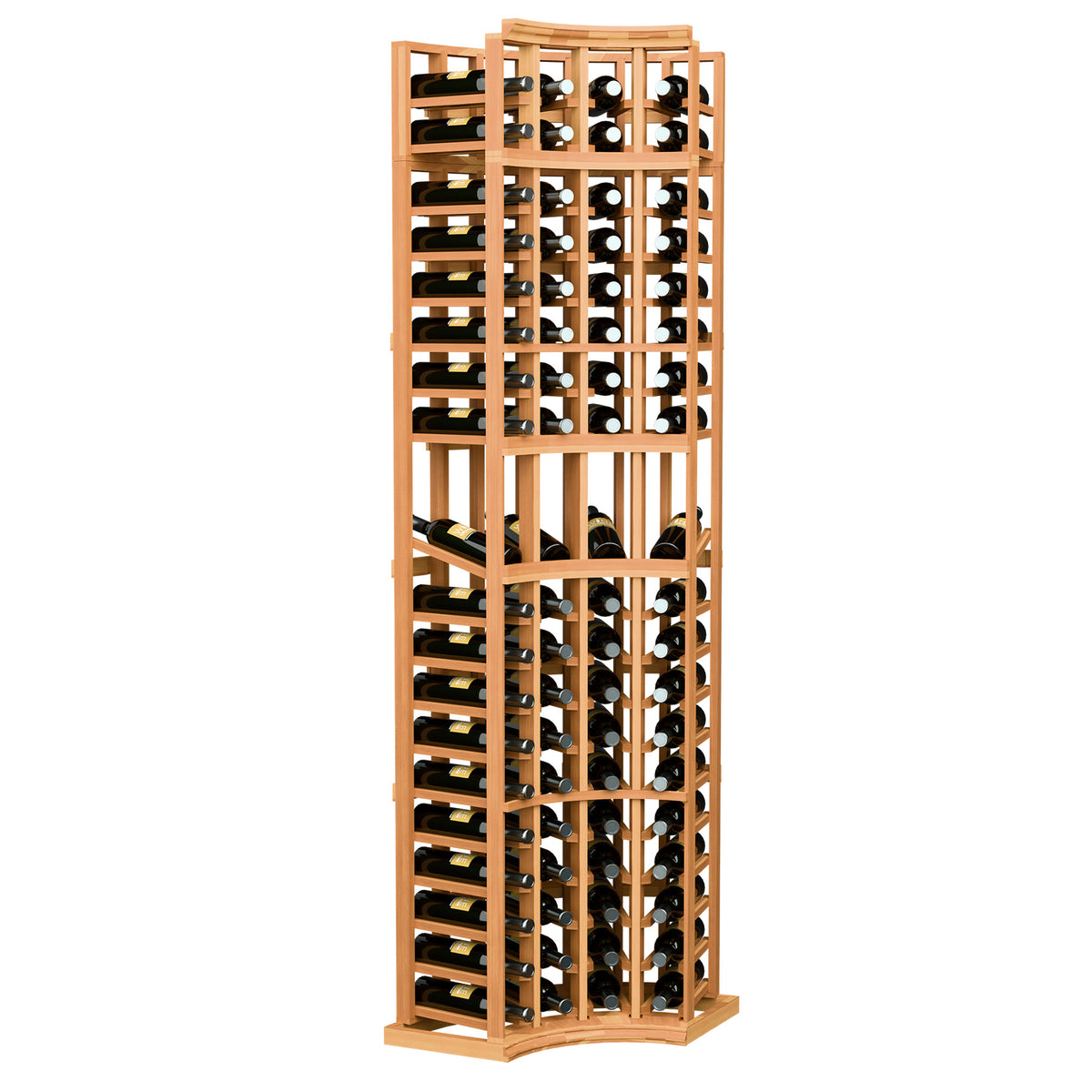 Warm wood curved-corner wine display rack with 4 columns for bottles and glasses
