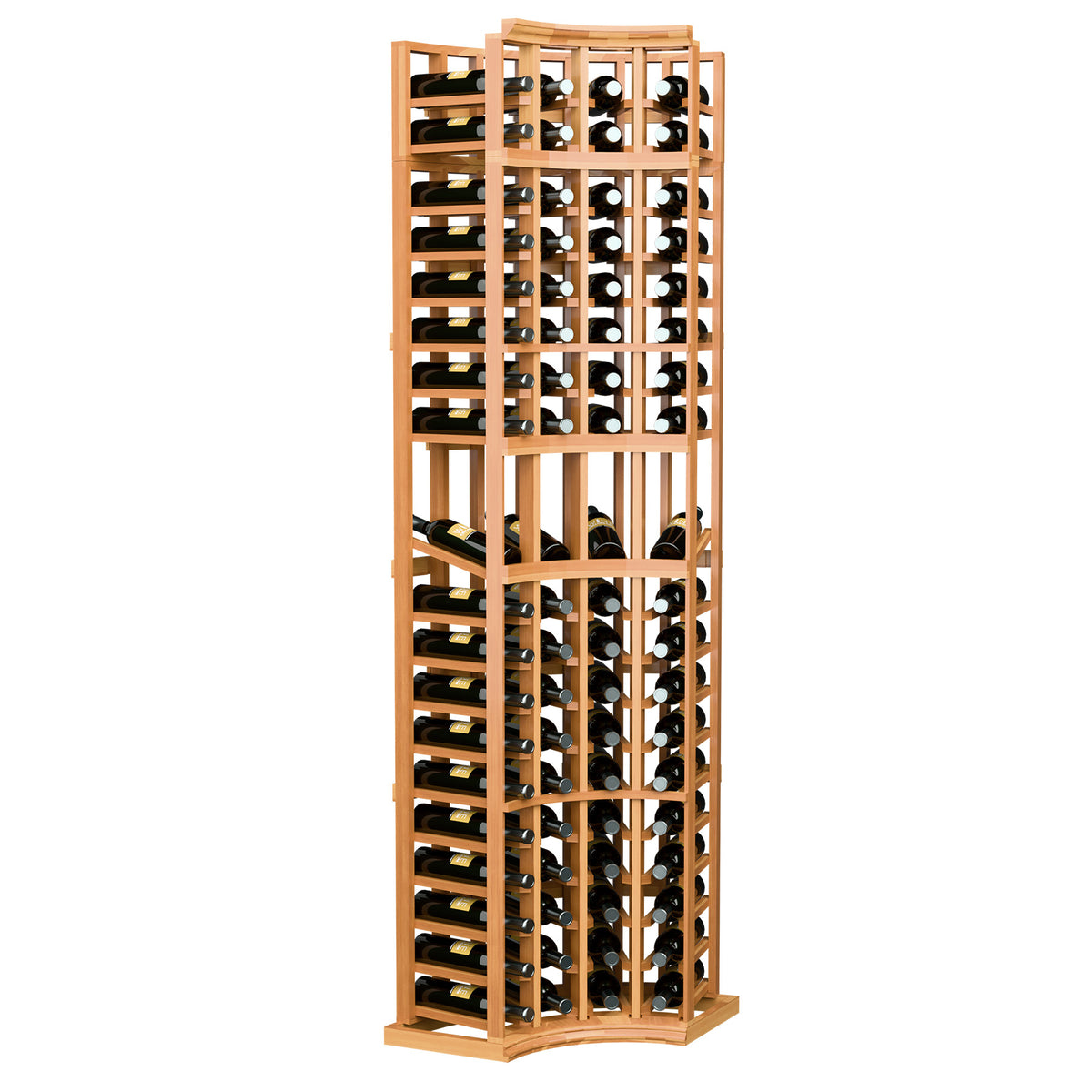 Warm wood curved-corner wine display rack, tall lattice design with 4 storage columns
