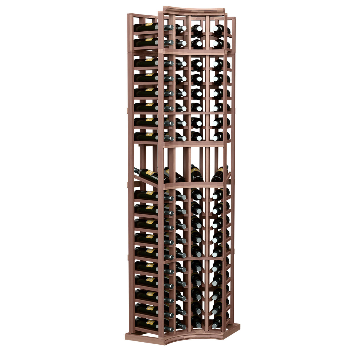 Dark wood curved-corner wine display rack with 4 columns and grid-style bottle cradles