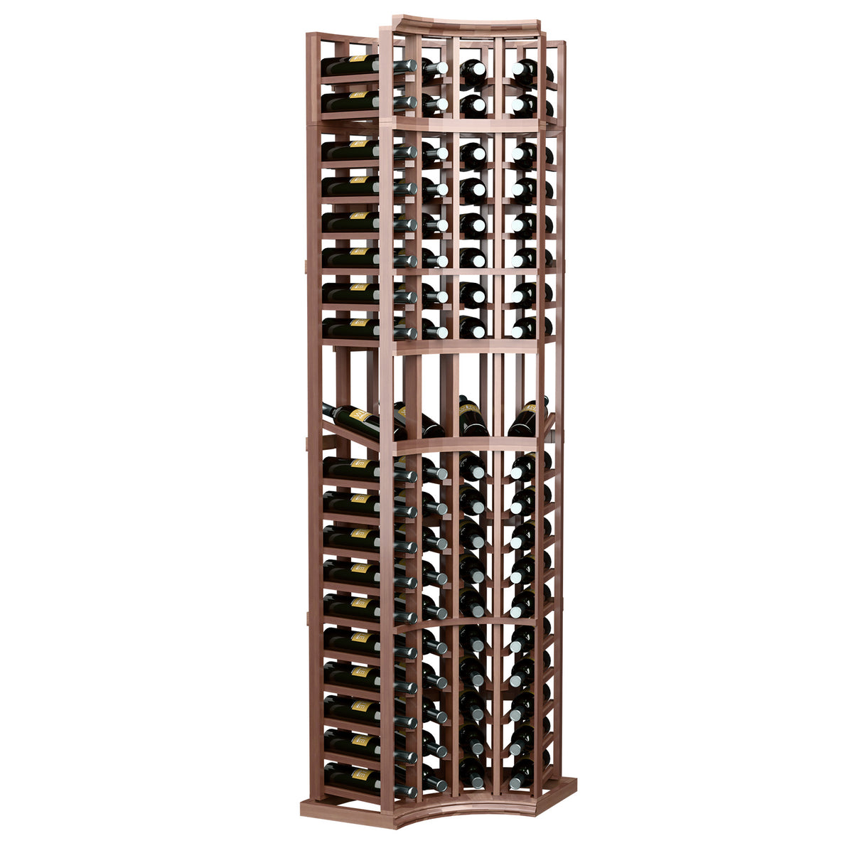 Dark wood curved-corner wine display rack, front-facing 4-column bottle storage