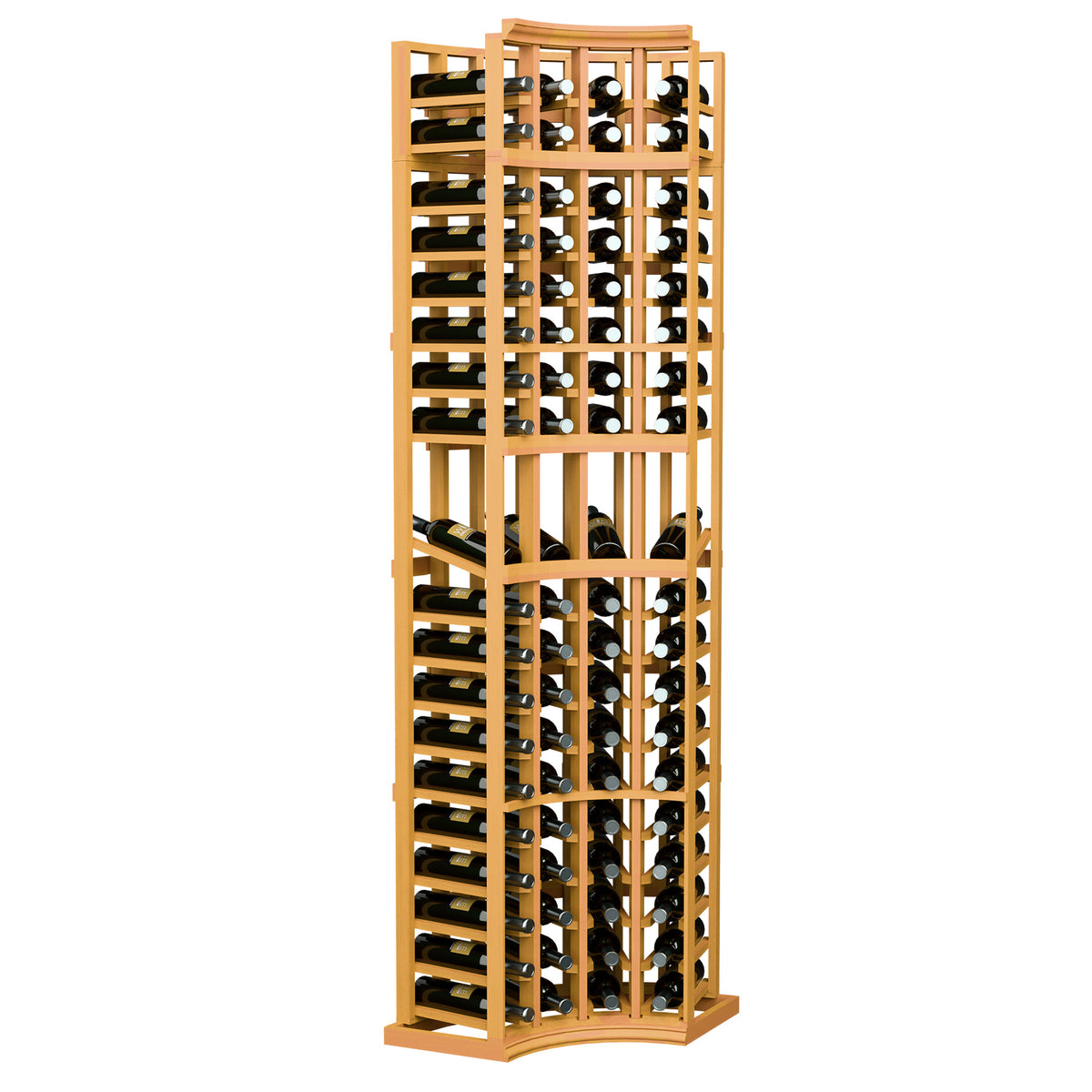 Amber wood curved-corner wine display rack with 4 columns for bottle storage