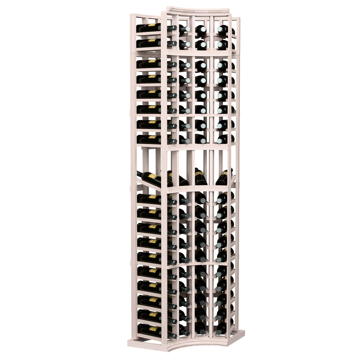 Grey-stained wood curved-corner wine display rack with 4 columns and bottle slots