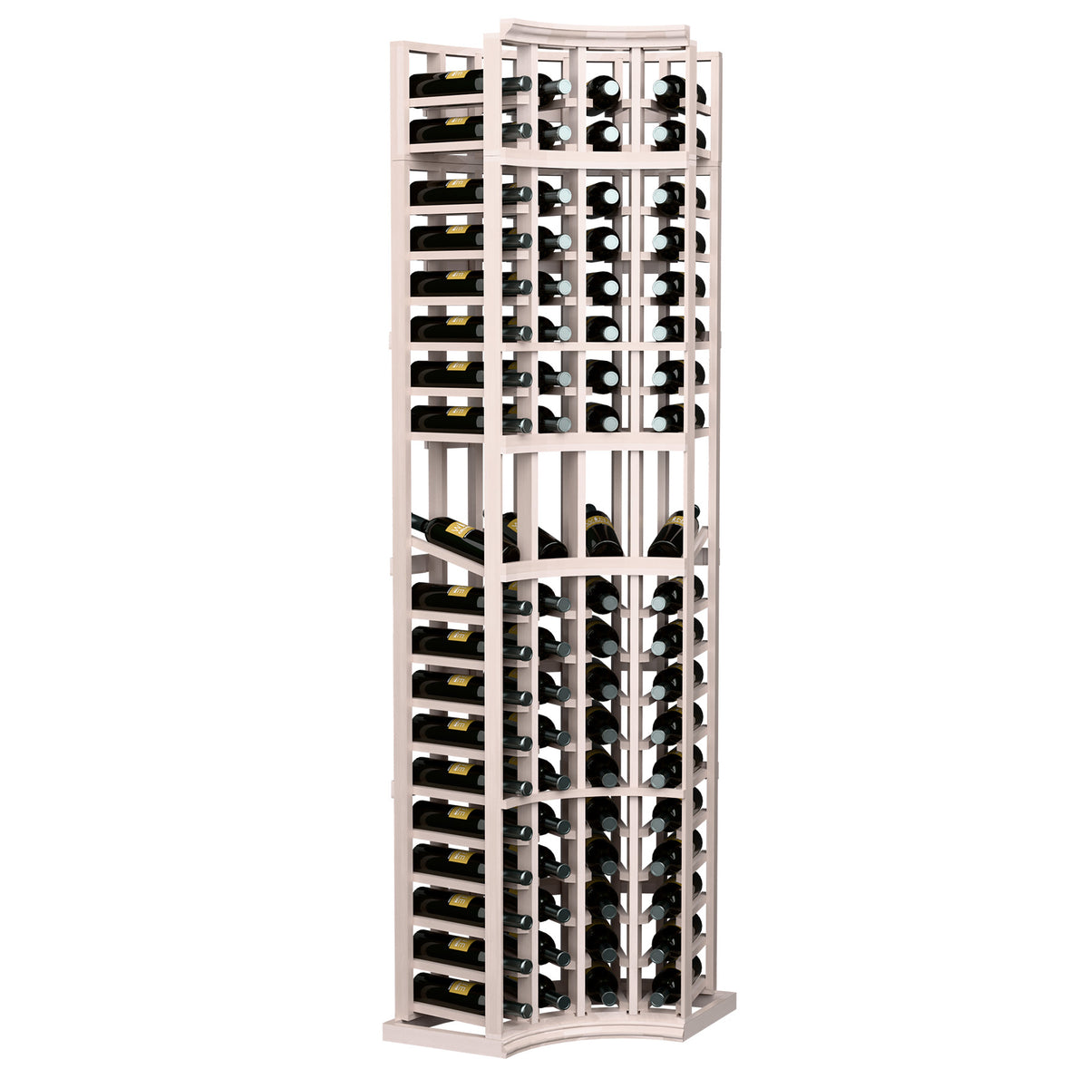 Grey-stained wood curved-corner wine display rack, front view with 4 storage columns