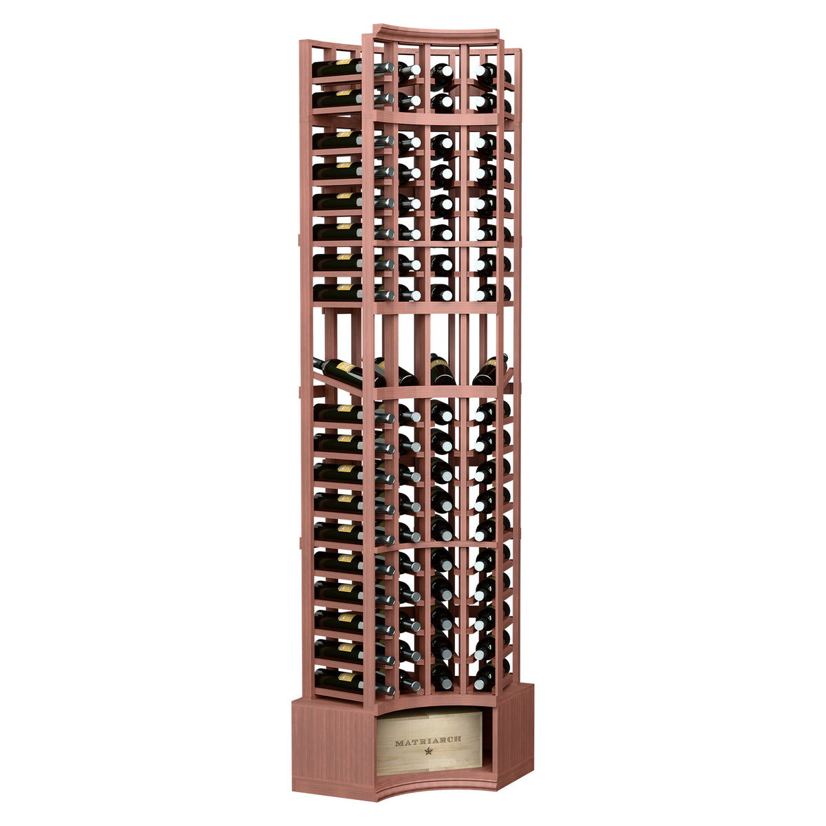 4-column curved corner wine display rack in reddish stained wood with bottle storage grid
