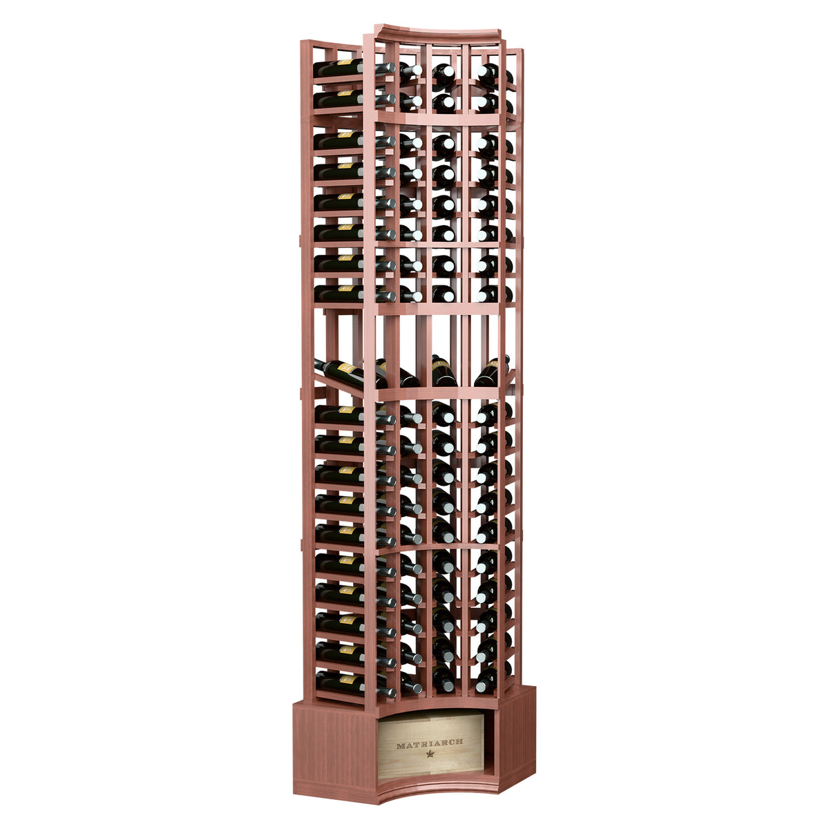 4-column curved corner wine display rack in warm brown stained wood with bottle slots