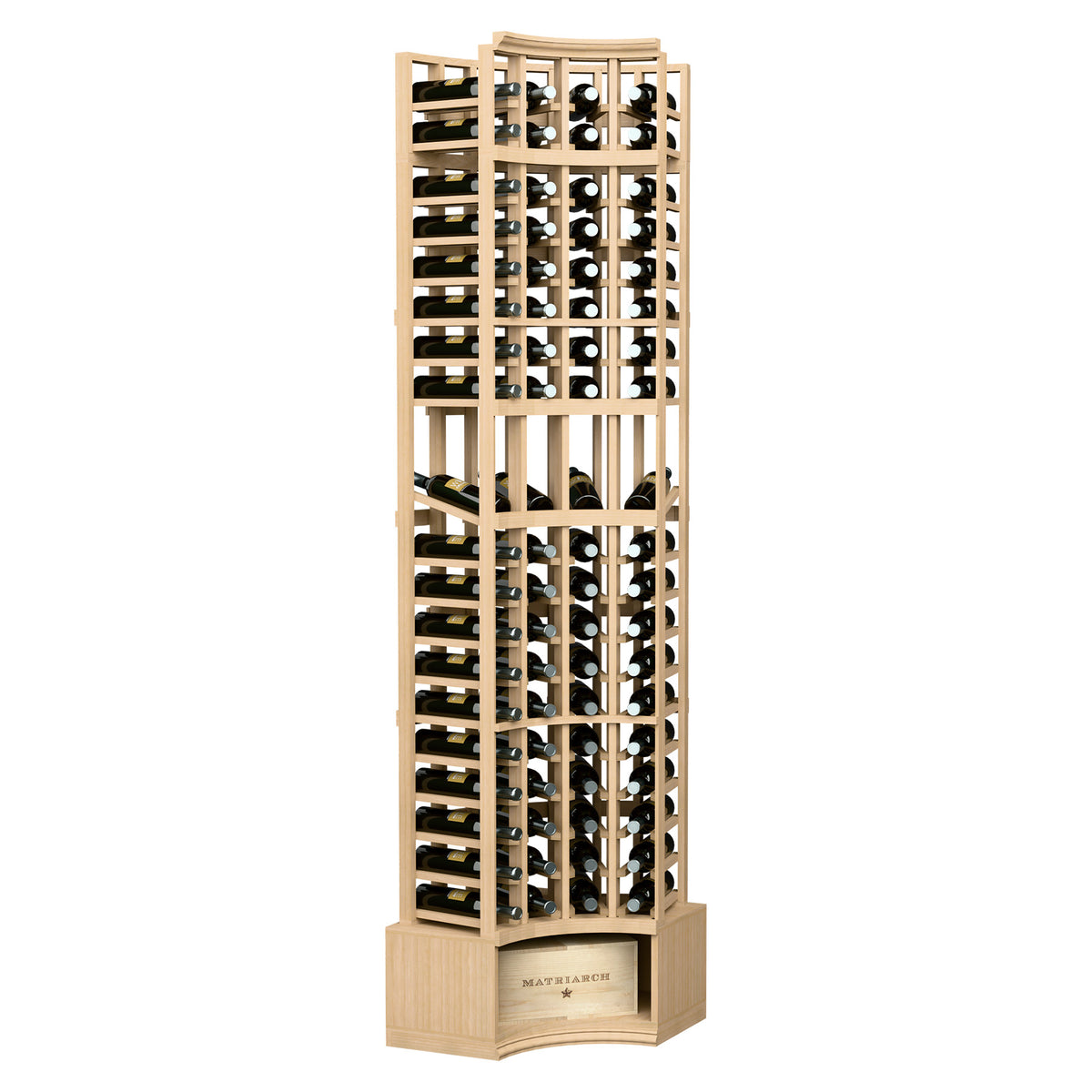 4-column curved corner wine display rack in light stained wood with metal bottle grid