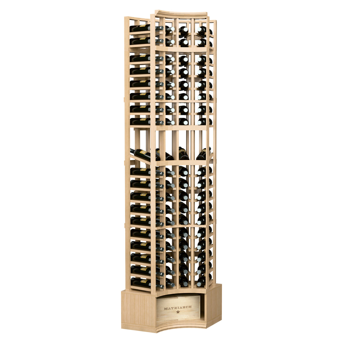 4-column curved corner wine display rack in pale stained wood with bottle storage cells