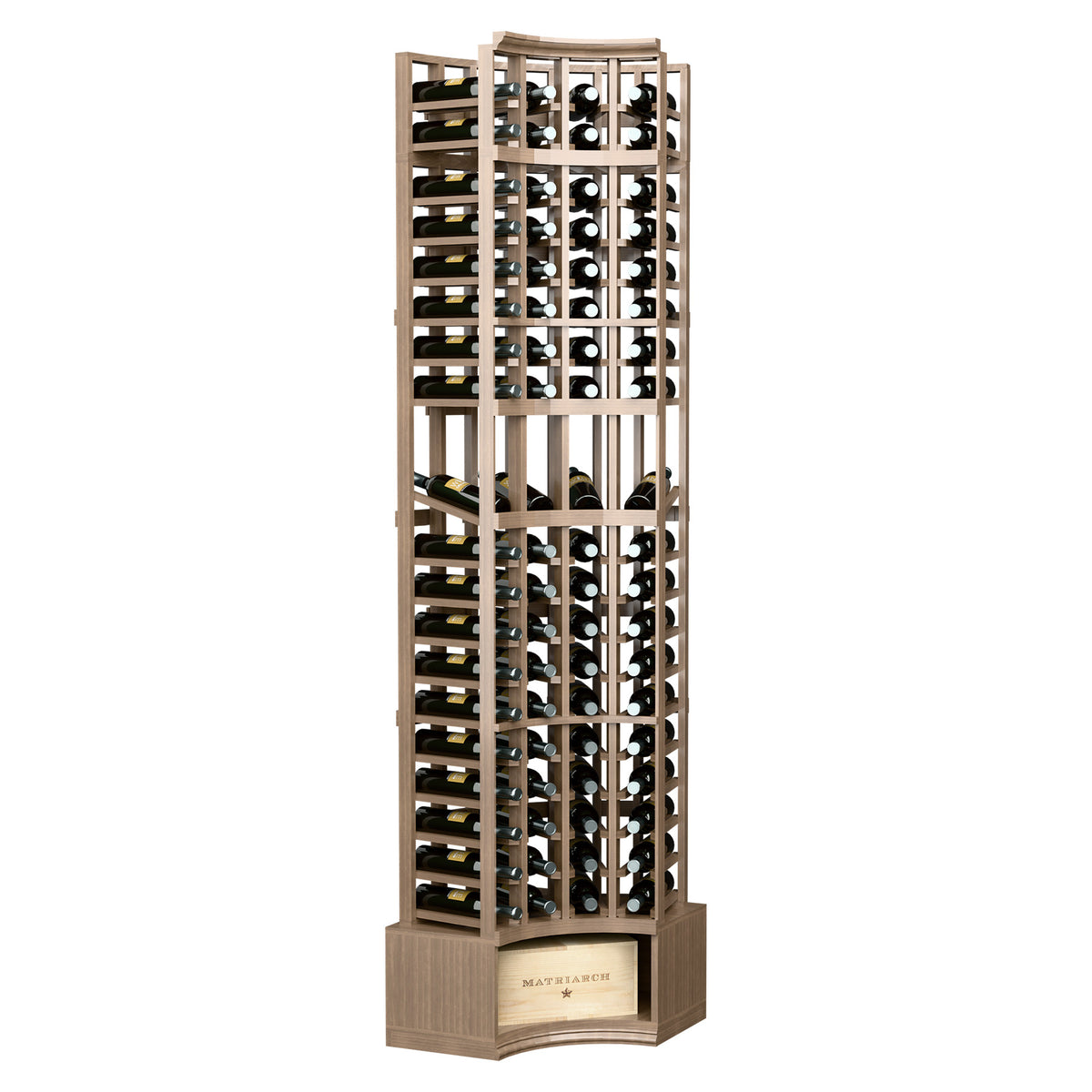 4-column curved corner wine display rack in grey-brown stained wood with bottle holder rows