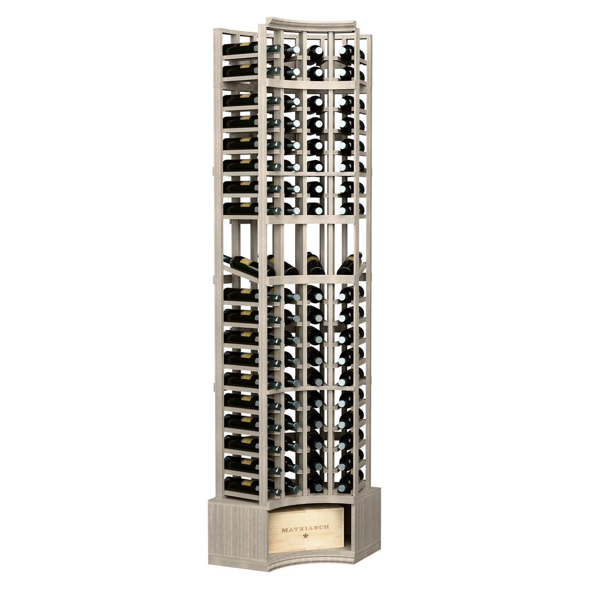 4-column curved corner wine display rack in light gray stained wood, open bottle slots