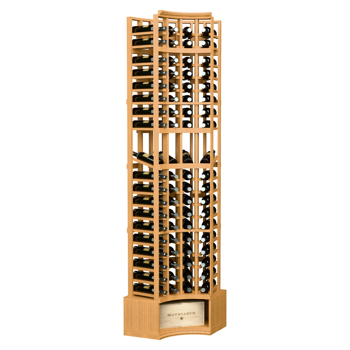 4-column curved corner wine display rack in light tan wood, open bottle slots and grid