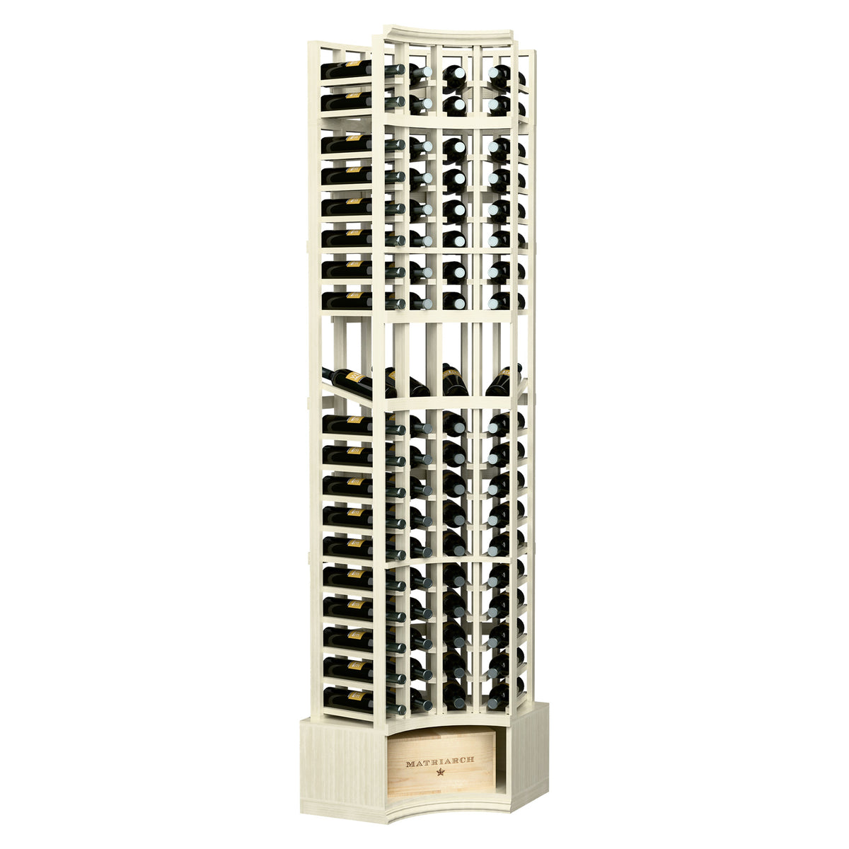4-column curved corner wine display rack in pale whitewashed wood, bottle storage grid