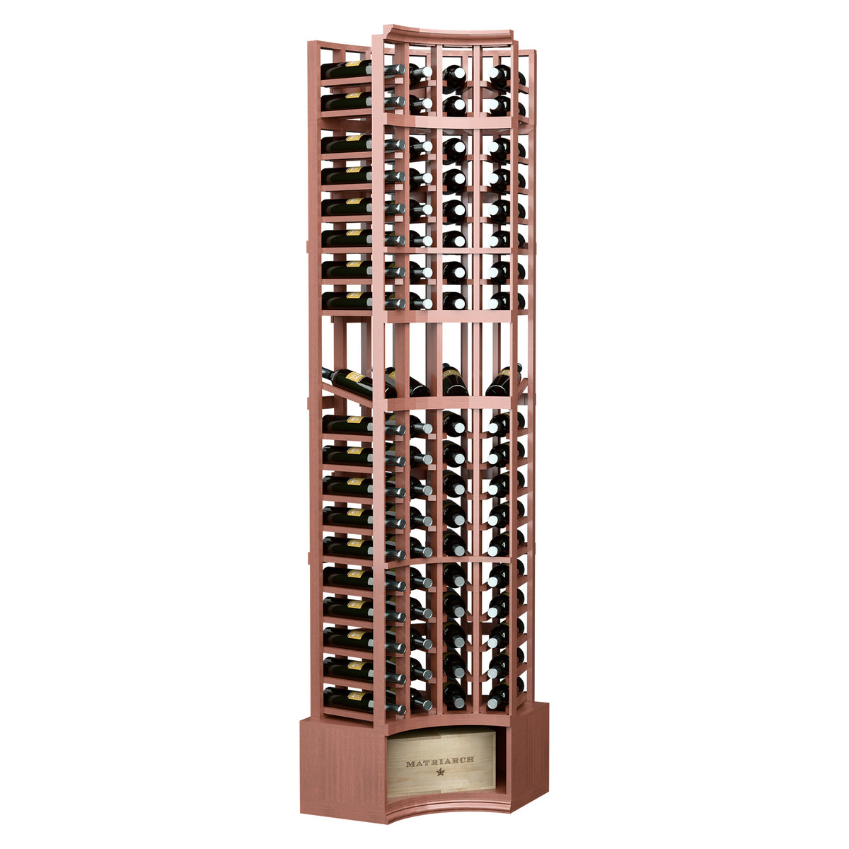Mahogany-toned wine bottle display rack with 4 curved corner columns and bottle cubbies