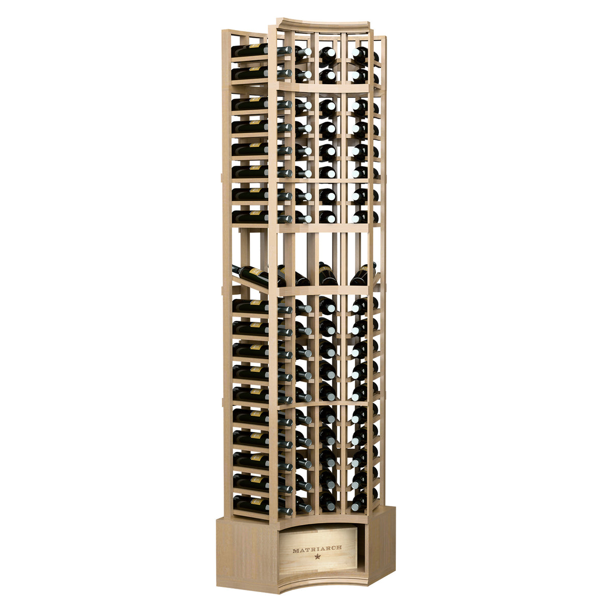 Natural beige wine bottle display rack with 4 curved corner columns and bottle storage grid