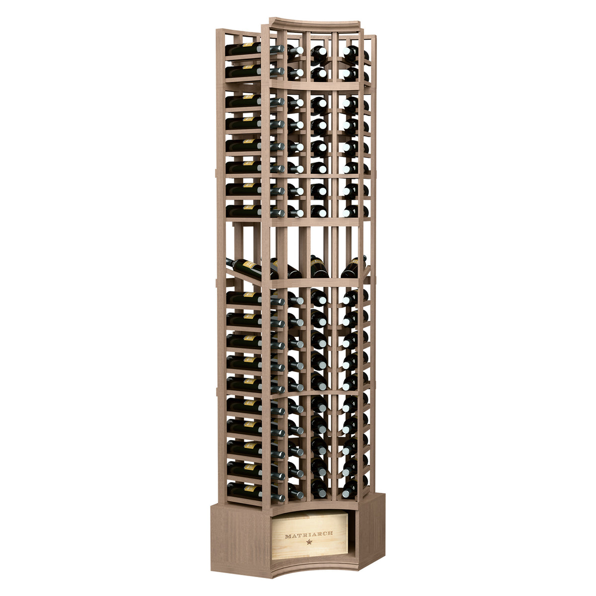 Light tan wine bottle display rack with 4 curved corner columns and bottle holder grid