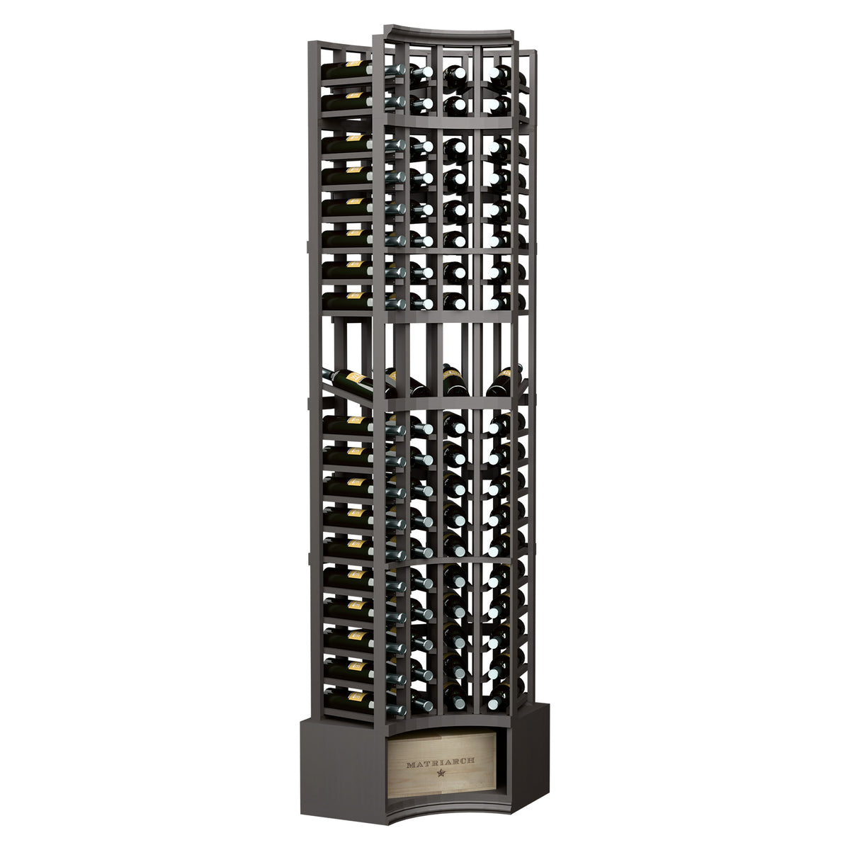 Dark wine bottle display rack with 4 curved corner columns and front-facing bottle holders