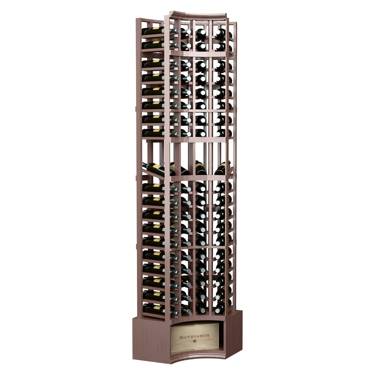 Dark wood wine display rack with curved corner, 4 columns, for bottle storage