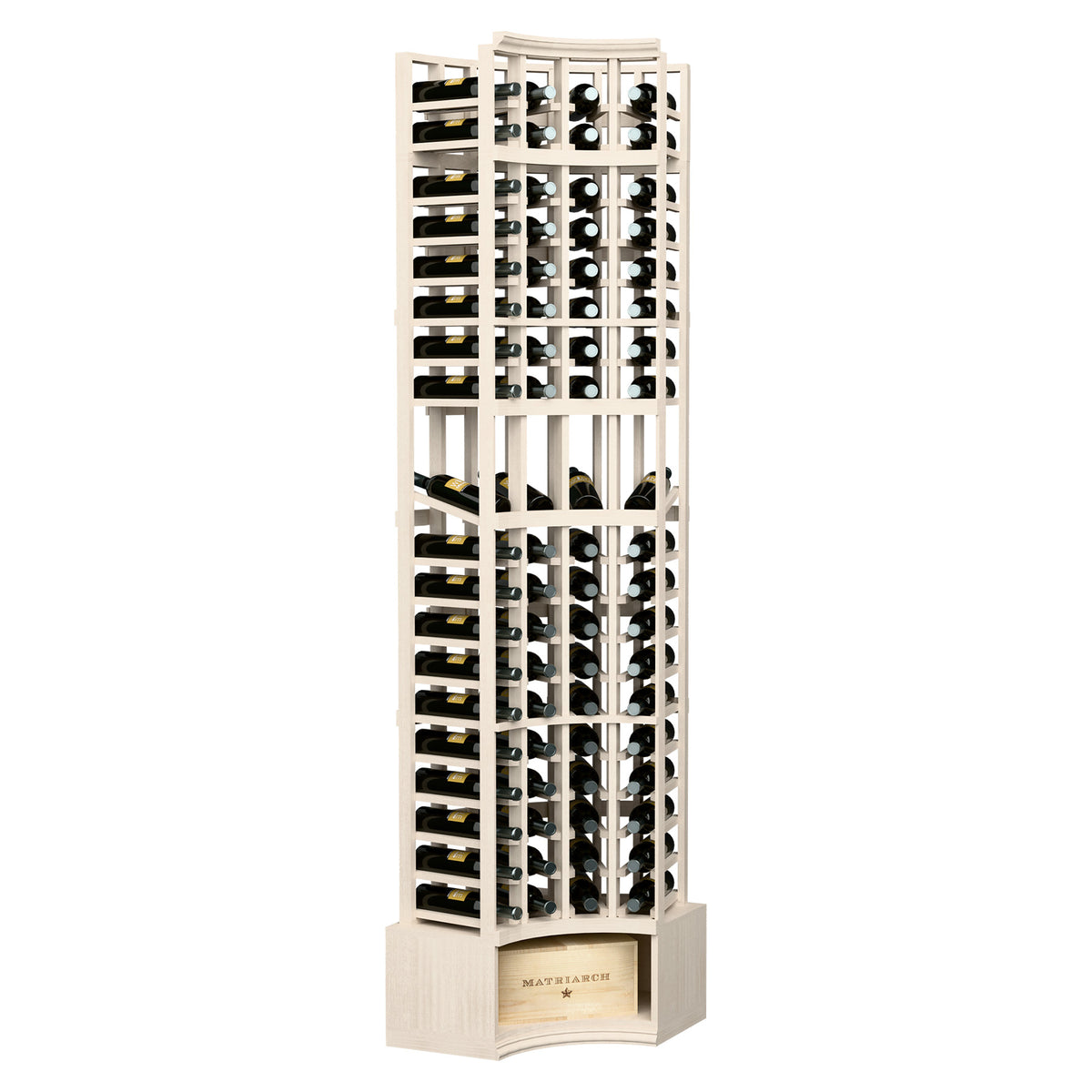 Whitewashed wood wine display rack with curved corner, 4 columns for bottle storage
