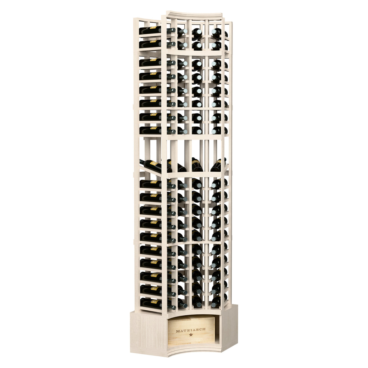 Light wood wine rack with curved corner, 4-column bottle storage