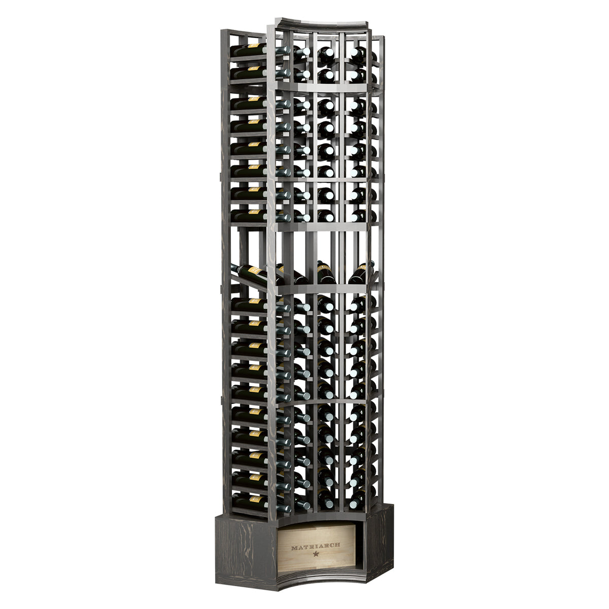 4-column curved corner wine display rack with bottle cubbies, dark wood frame.