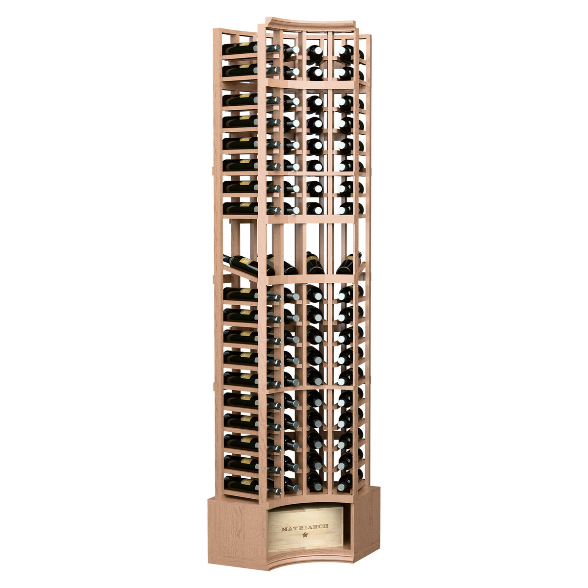4-column curved corner wine display rack with bottle cubbies, pale light wood frame.