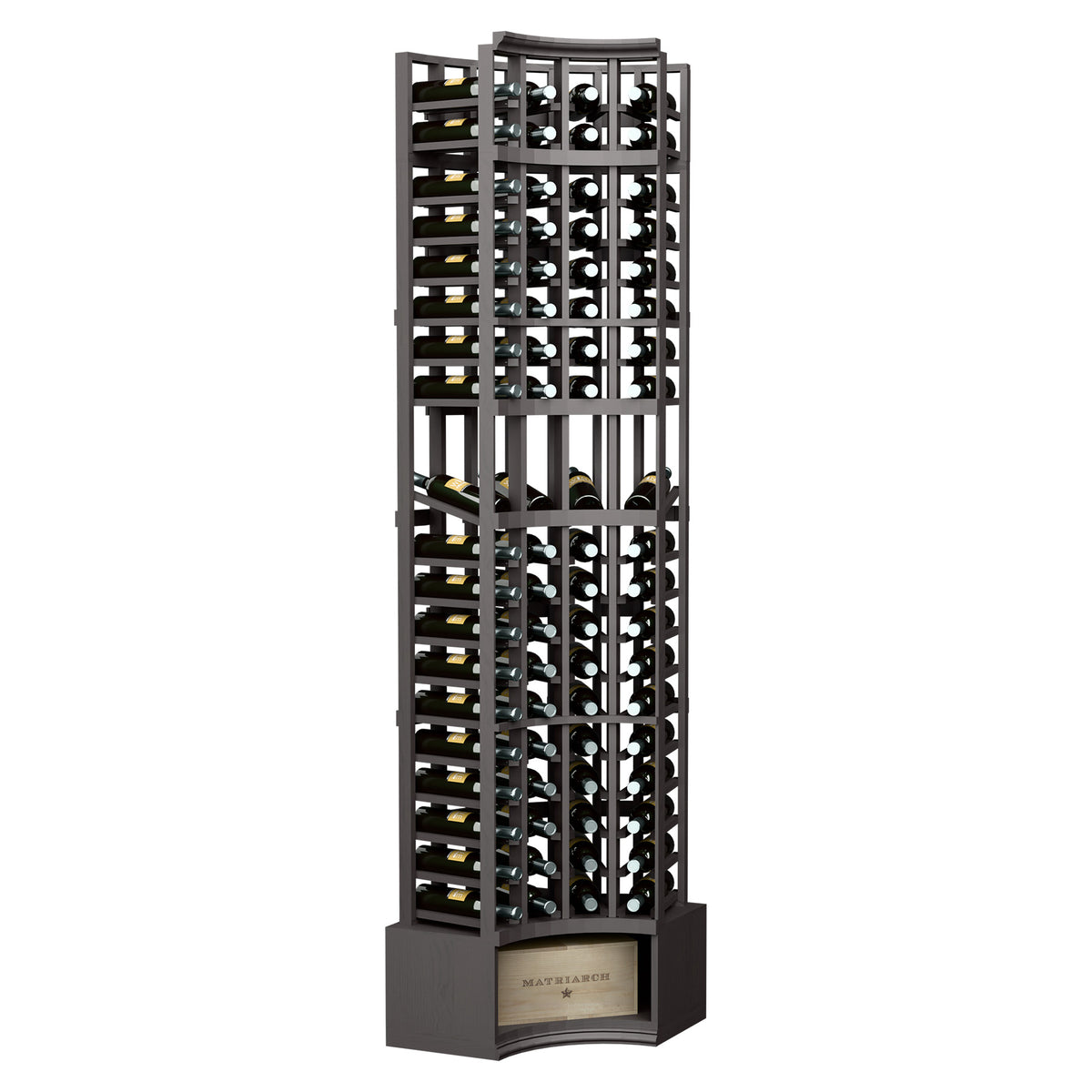 4-column curved corner wine display rack with bottle cubbies, charcoal dark stained wood.
