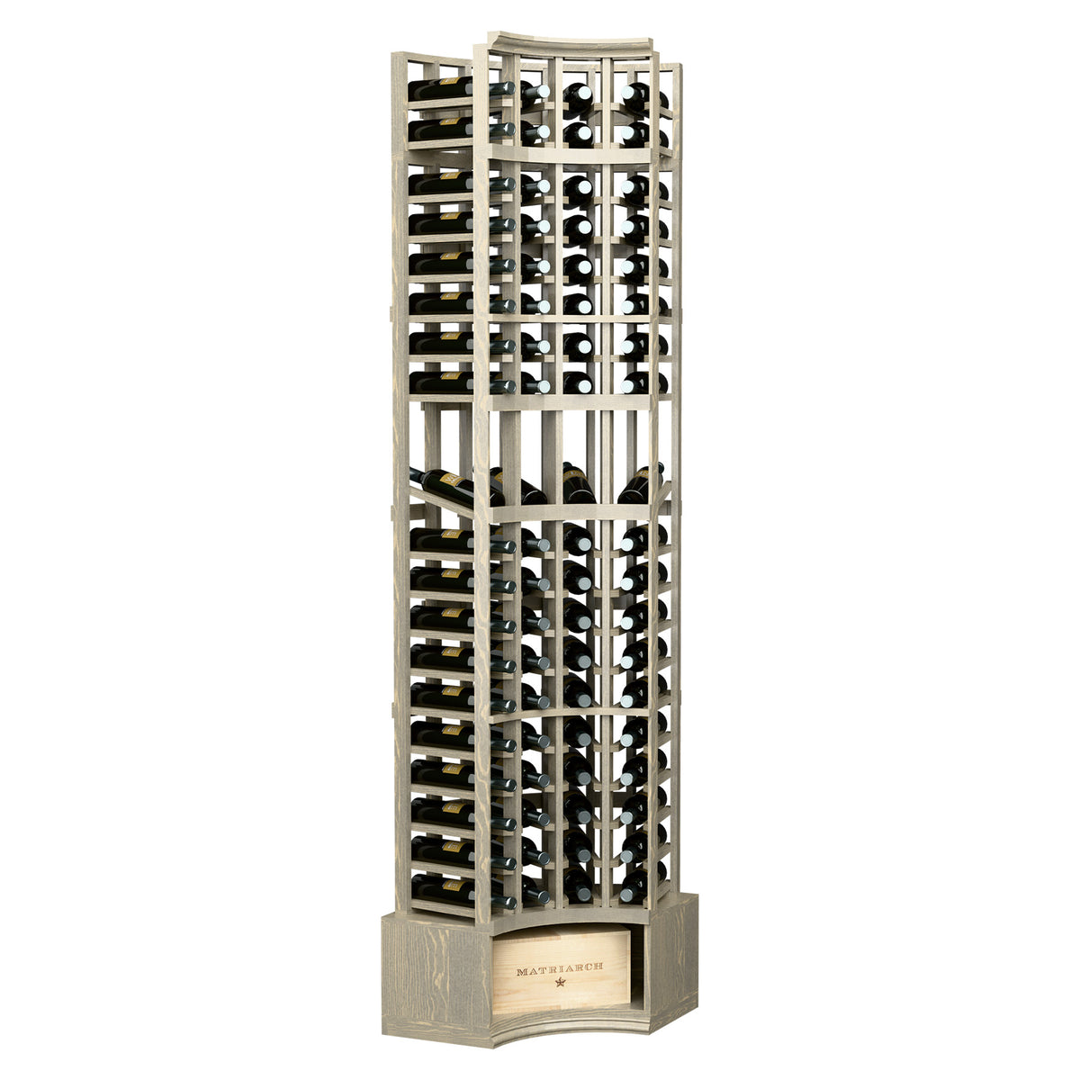 Light wood 4-column curved-corner wine rack with arched top and bottle slots