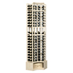 Light wood tall wine display rack with 4 columns, curved corner, and bottle slots